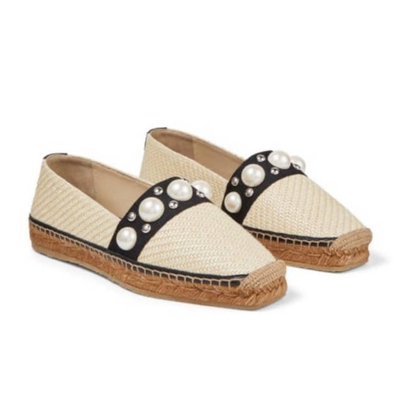 Jimmy Choo Dru Espadrilles Raffia Flats with Pearls in Natural/Black Size 37 - Picture 2 of 16